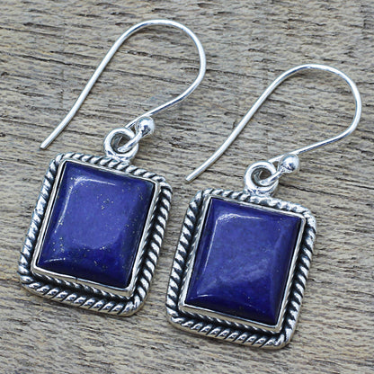 Blue Frame Lapis Lazuli Sterling Silver Rectangle Dangle Earrings