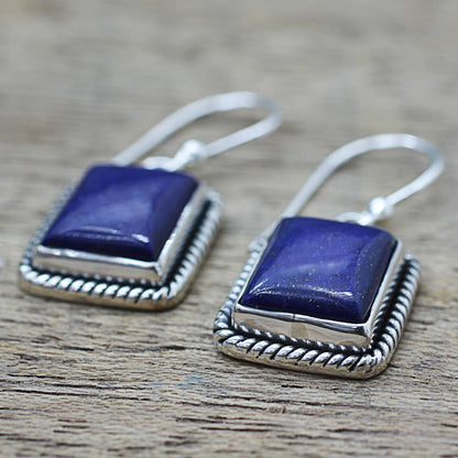 Blue Frame Lapis Lazuli Sterling Silver Rectangle Dangle Earrings