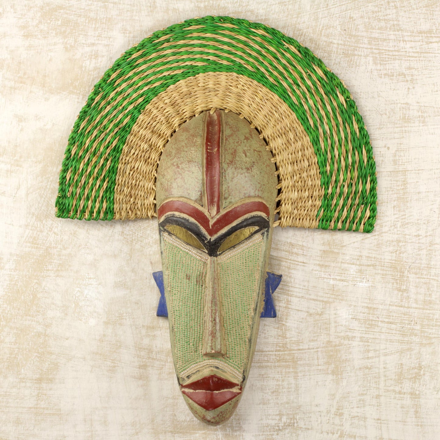 Akuwuezuika Hand Made African Mask with Wood and Raffia Accents