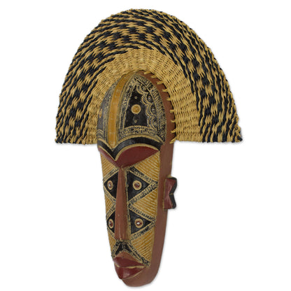 Prosper Hand Made African Mask with Wood and Raffia Accents