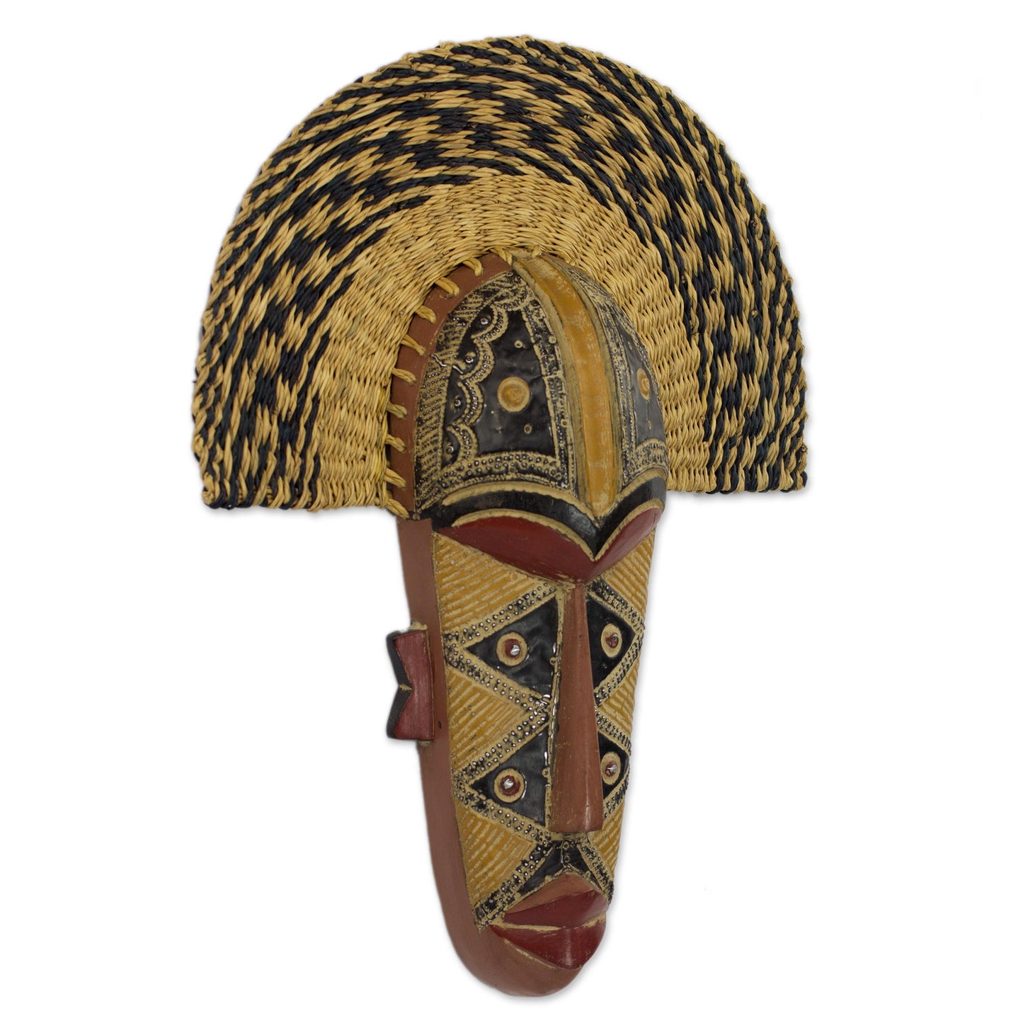 Prosper Hand Made African Mask with Wood and Raffia Accents