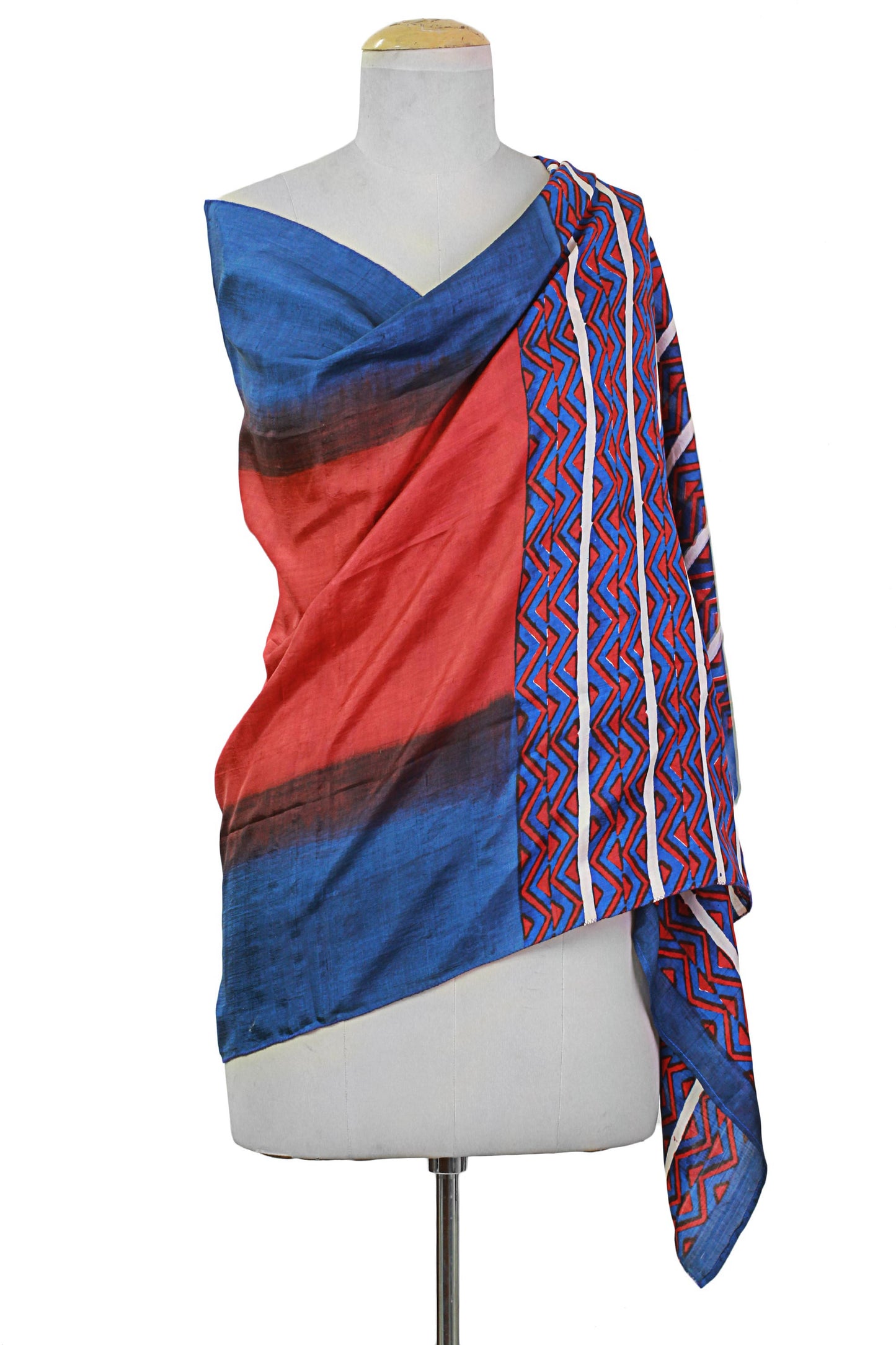 Bengali Festival in Cinnabar Hand Woven Cinnabar Azure Geometric Silk Shawl from India