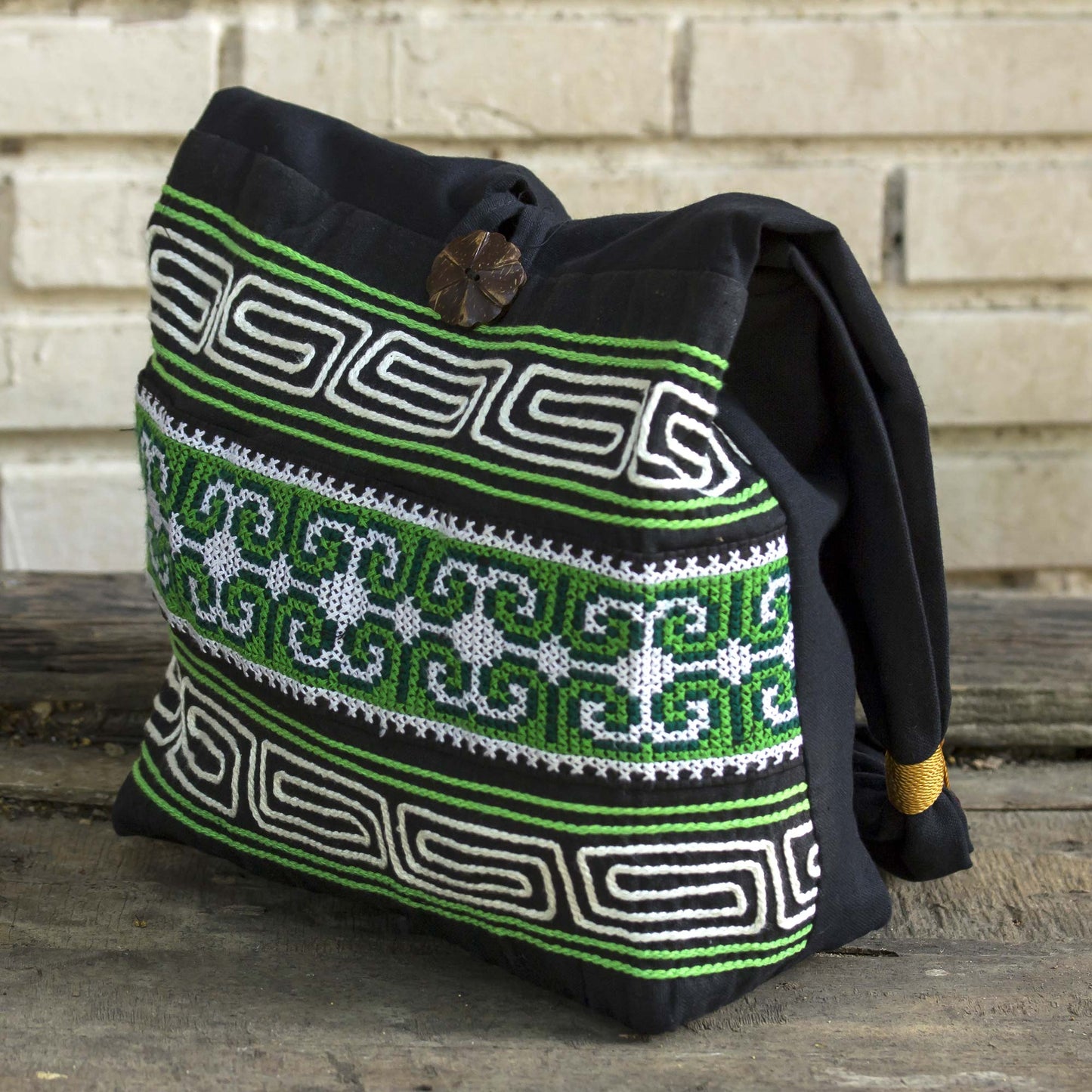 Forest Colors 100% Cotton Green Black Embroidered Shoulder Bag Thailand