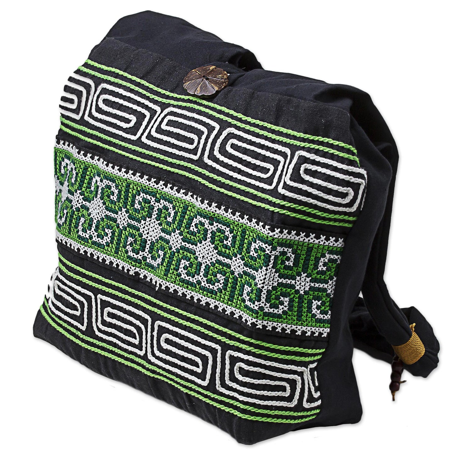 Forest Colors 100% Cotton Green Black Embroidered Shoulder Bag Thailand