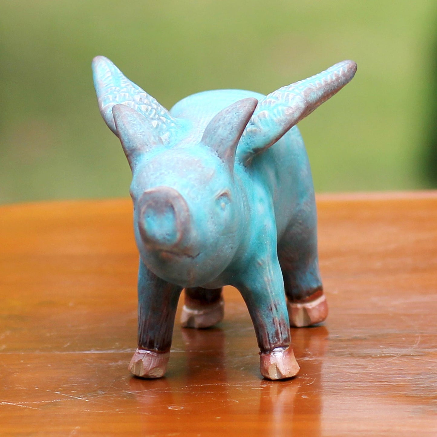 Blue Flying Pig Ceramic Sculpture