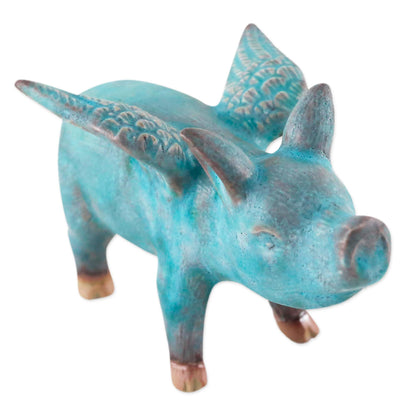 Blue Flying Pig Ceramic Sculpture