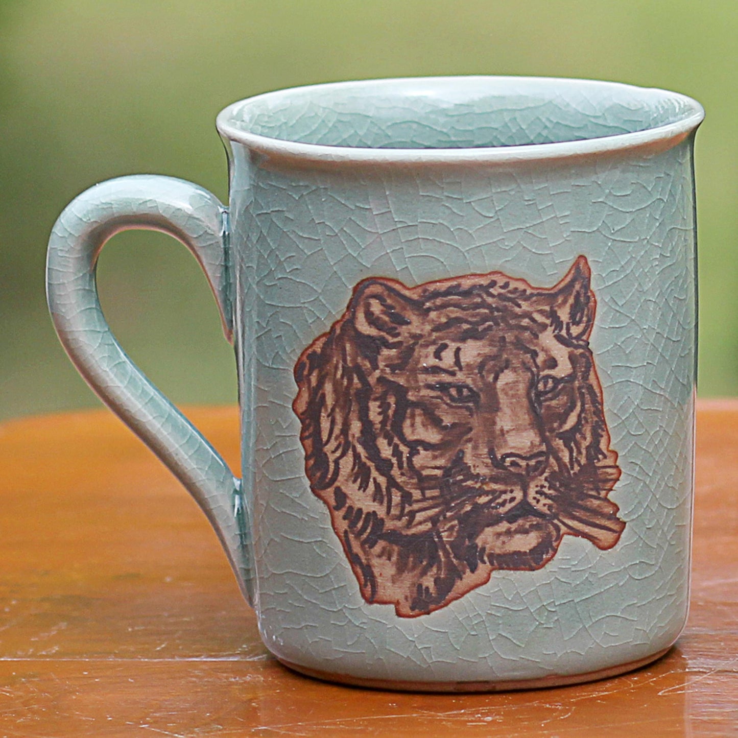 Tiger's Taste Hand Painted Celadon Ceramic Tiger Mug from Thailand