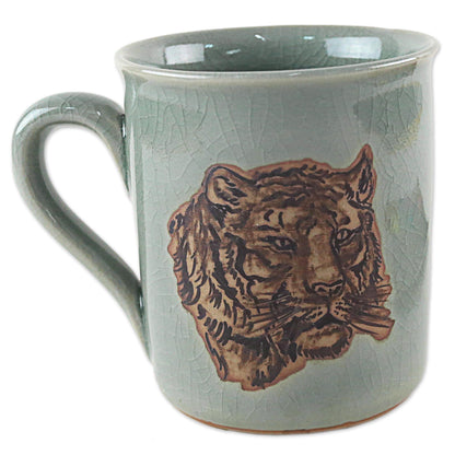 Tiger's Taste Hand Painted Celadon Ceramic Tiger Mug from Thailand