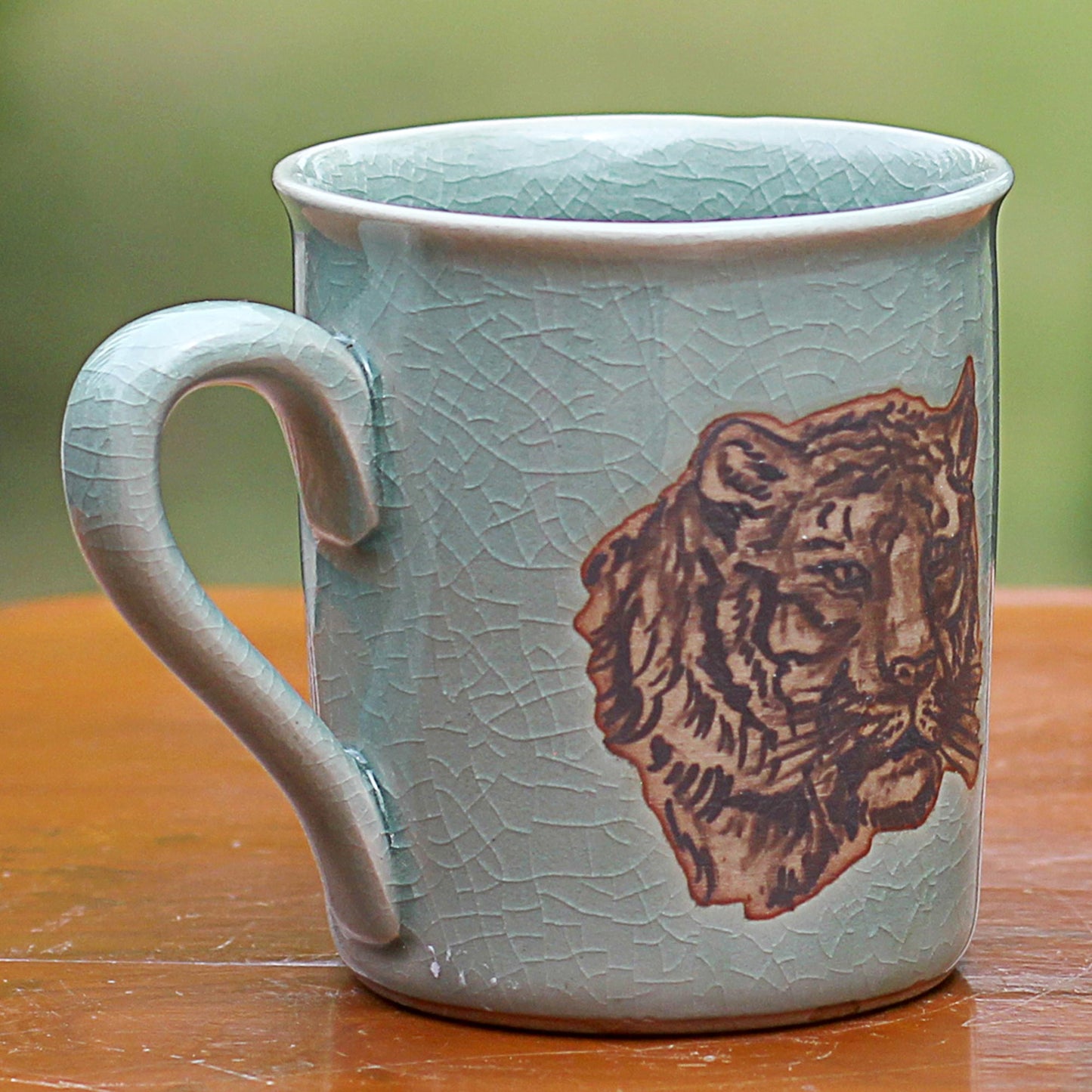 Tiger's Taste Hand Painted Celadon Ceramic Tiger Mug from Thailand