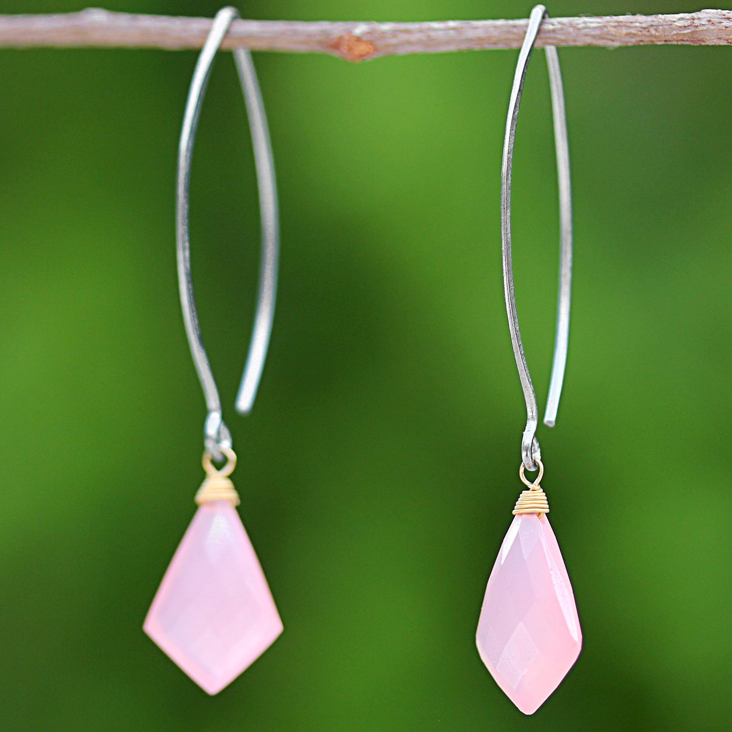 Pink Lily Crystals Long Pink Gold Accent Chalcedony Dangle Earrings Thailand