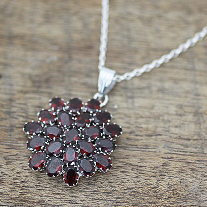 Red Sunflower Garnet & Silver Pendant Necklace