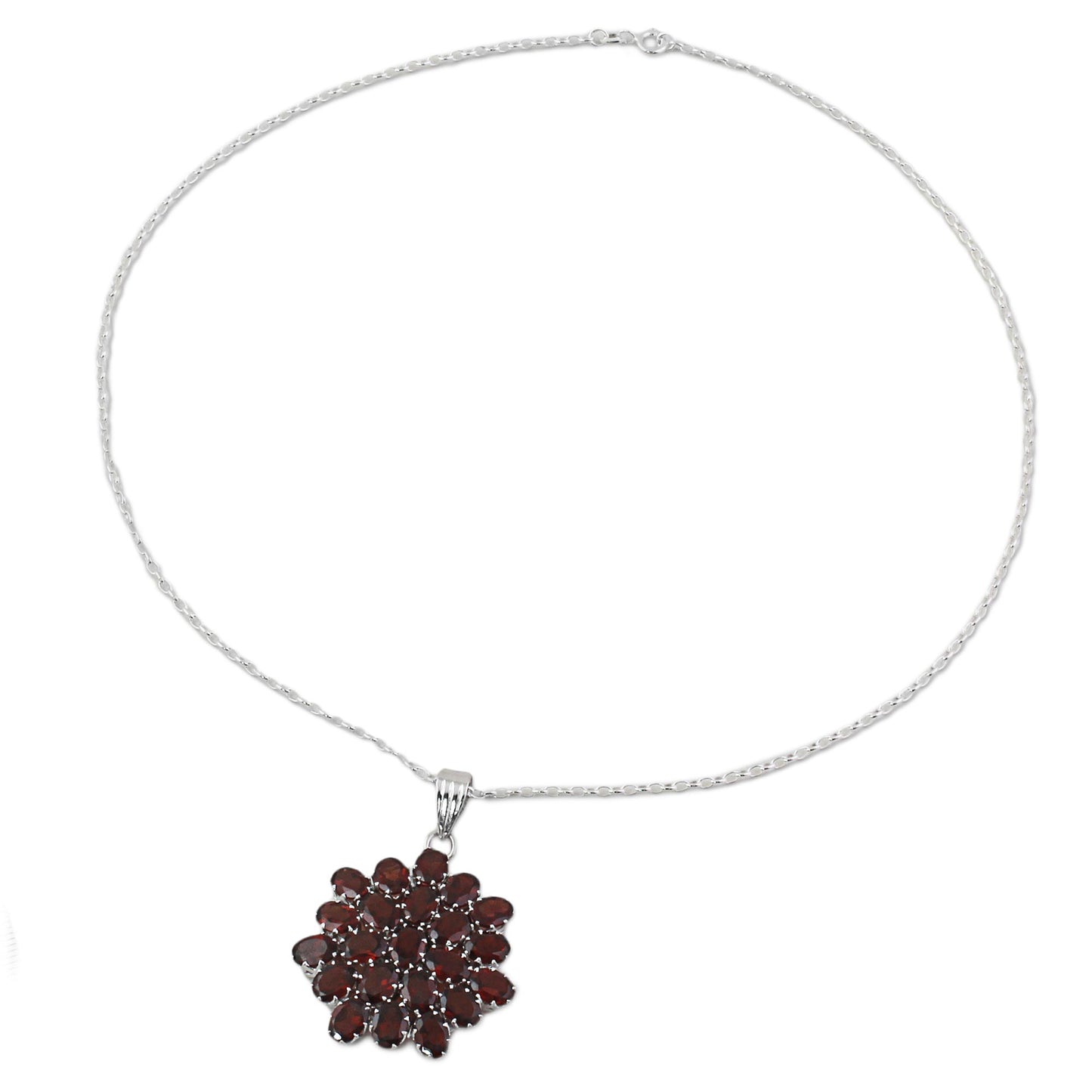 Red Sunflower Garnet & Silver Pendant Necklace