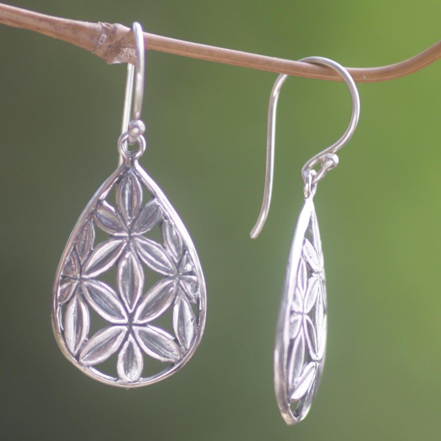 Bamboo Canopy Hand Made Sterling Silver Dangle Earrings Leaf Indonesia