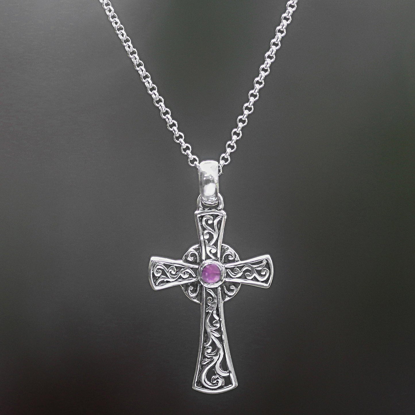 In God We Trust Sterling Silver Amethyst Cross Pendant Necklace Indonesia