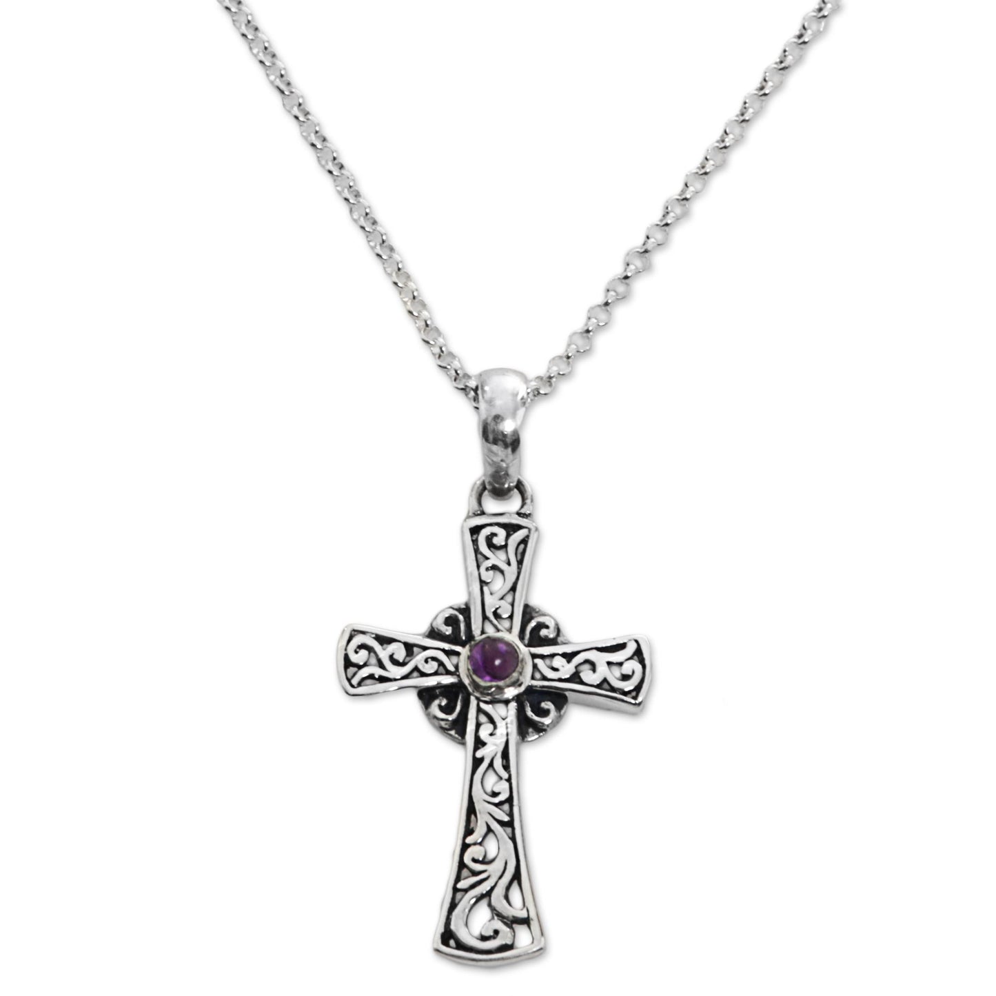 In God We Trust Sterling Silver Amethyst Cross Pendant Necklace Indonesia