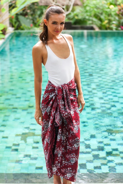 Tropical Garden in Claret Red Floral Rayon Sarong with Hand Stamped Batik Pattern