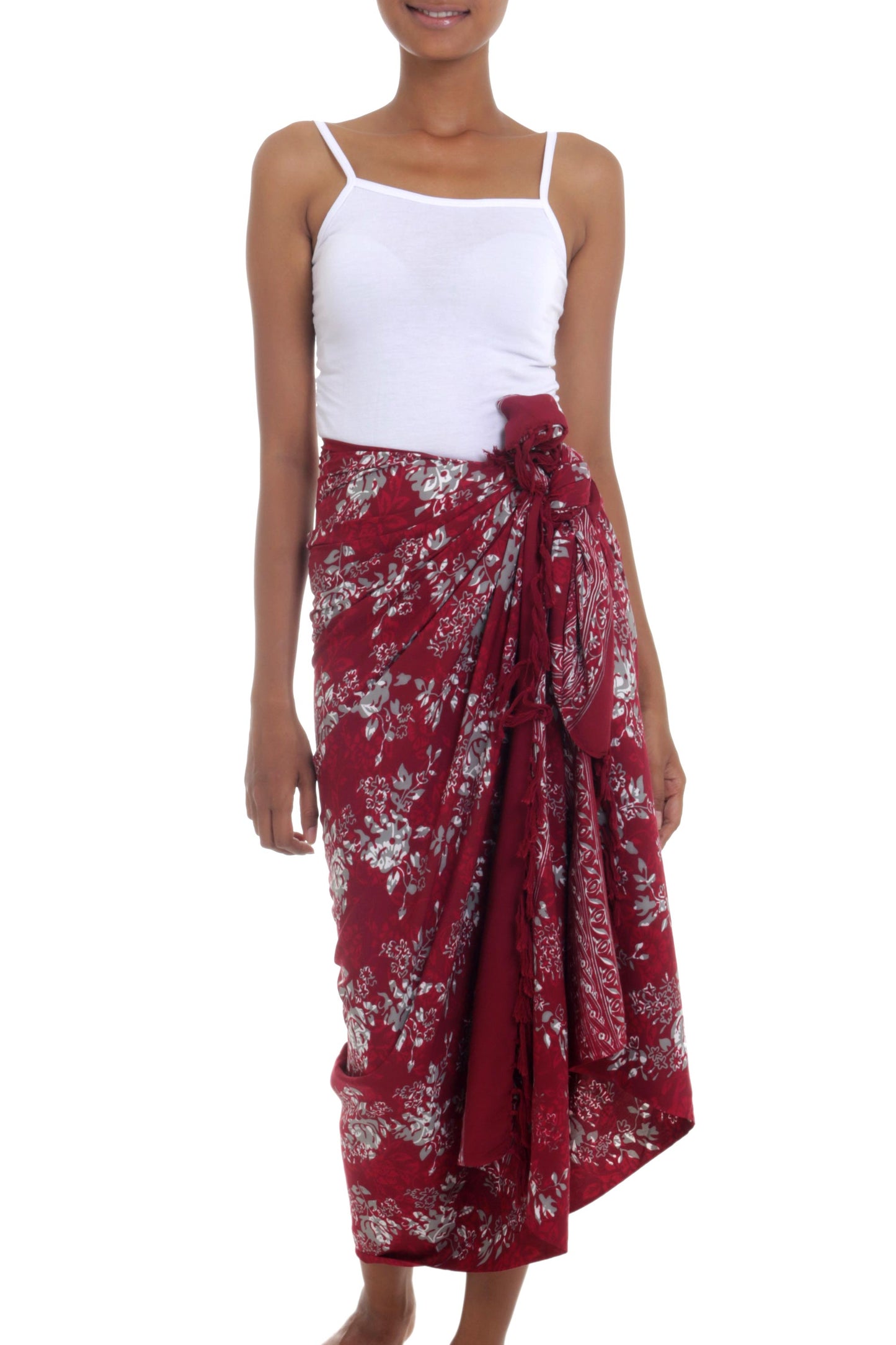 Tropical Garden in Claret Red Floral Rayon Sarong with Hand Stamped Batik Pattern