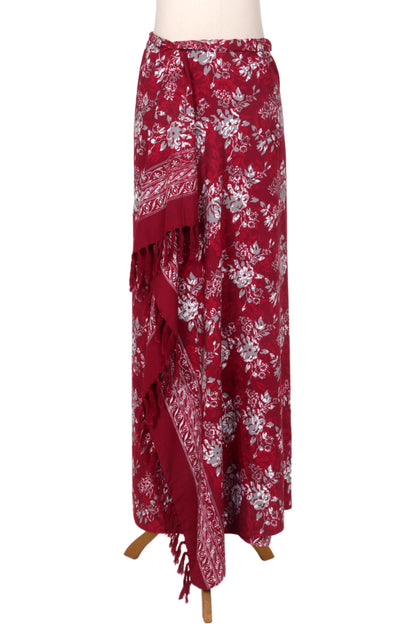 Tropical Garden in Claret Red Floral Rayon Sarong with Hand Stamped Batik Pattern