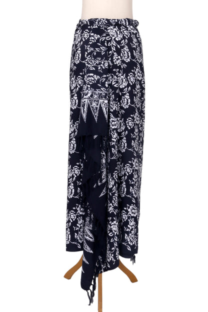 Tropical Garden in Black Black and White Rayon Sarong with Floral Batik Motifs