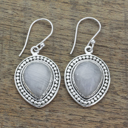 Gleaming Petals Sterling Silver Rainbow Moonstone Dangle Earrings from India