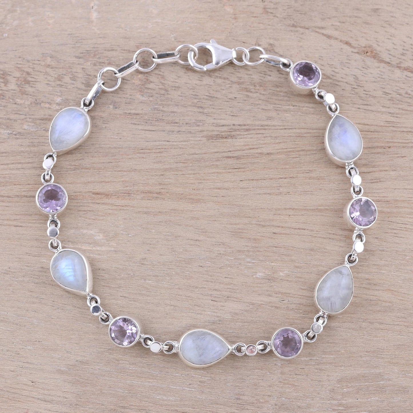 Misty Lilac Handmade Amethyst Rainbow Moonstone Link Bracelet from India