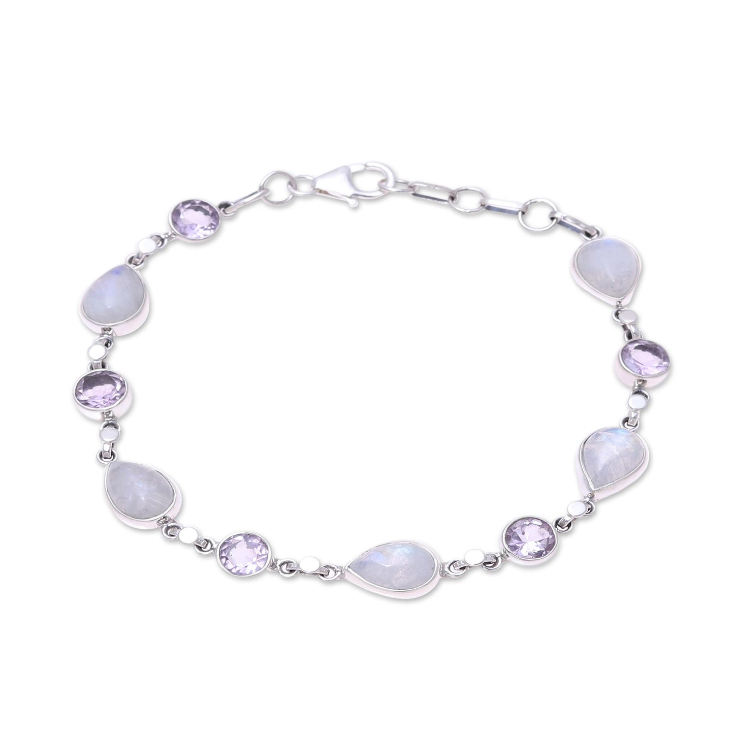 Misty Lilac Handmade Amethyst Rainbow Moonstone Link Bracelet from India