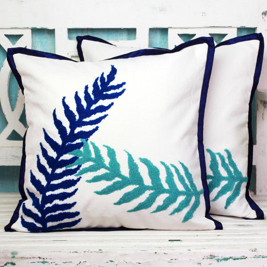 Alluring Leaves 100% Cotton Blue and White Cushion Covers from India (Pair)