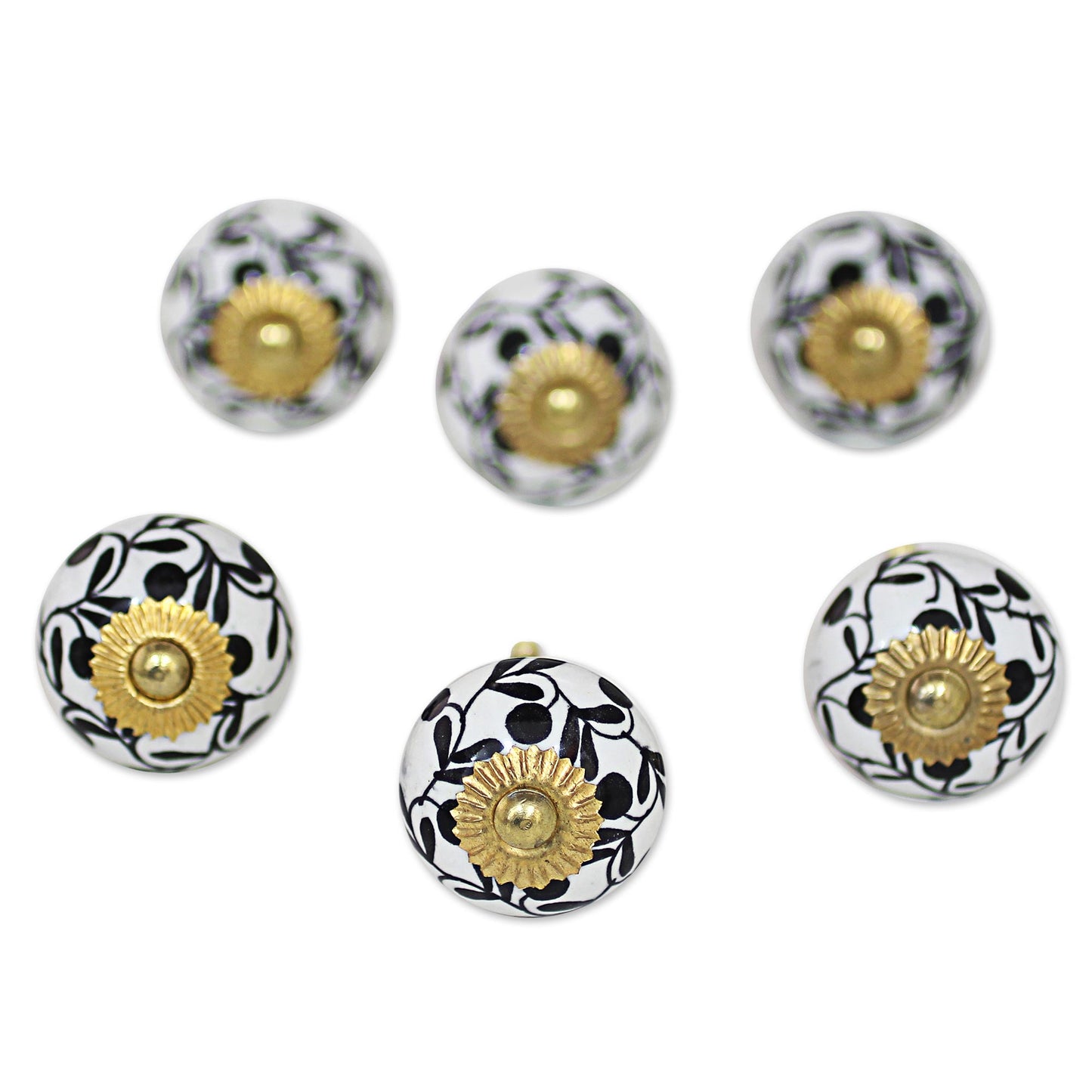 Magical Blooms Ceramic Cabinet Knobs Floral White Black (Set of 6) India