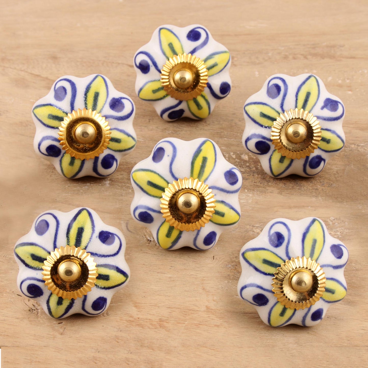 Bright Sunshine Ceramic Cabinet Knobs Floral Yellow White (Set of 6) India