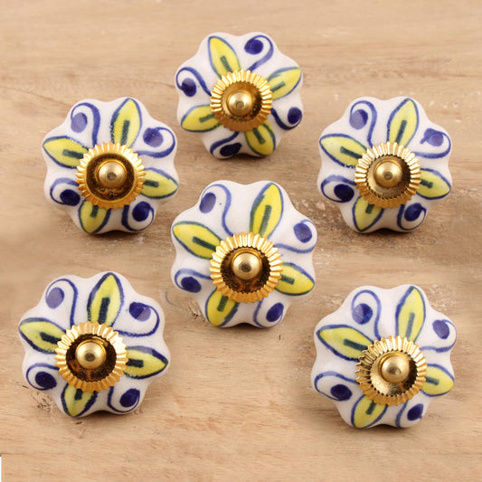 Bright Sunshine Ceramic Cabinet Knobs Floral Yellow White (Set of 6) India