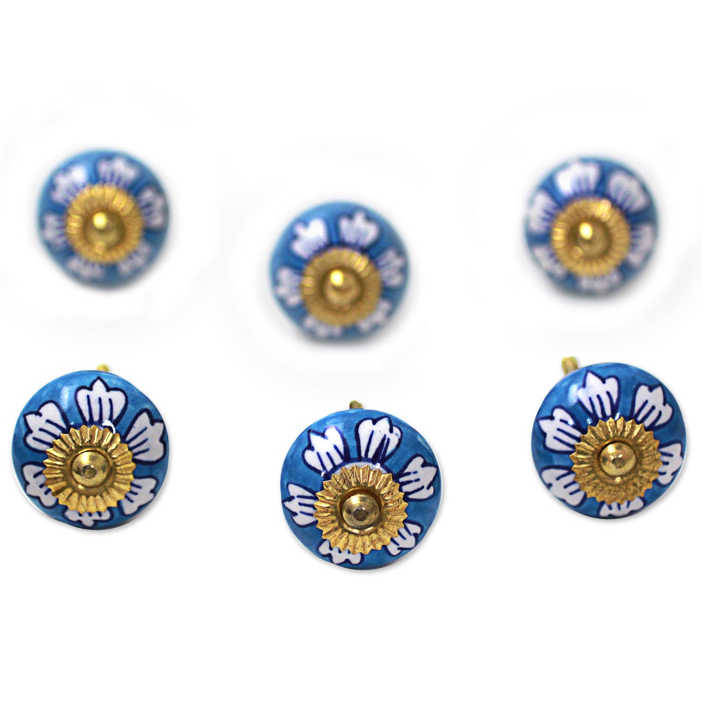 Blue Flowers Ceramic Cabinet Knobs Floral Blue White (Set of 6) India