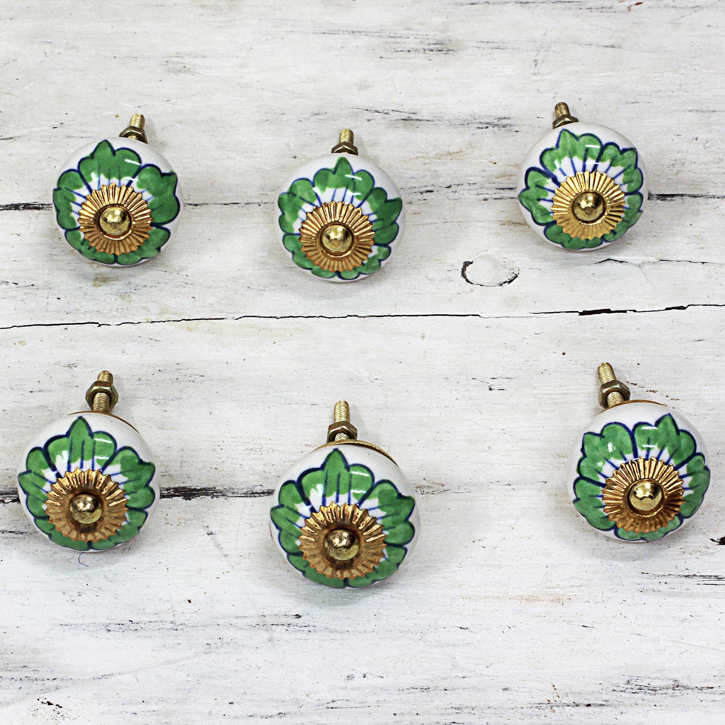 Green Flowers Ceramic Cabinet Knobs Floral Green White (Set of 6) India