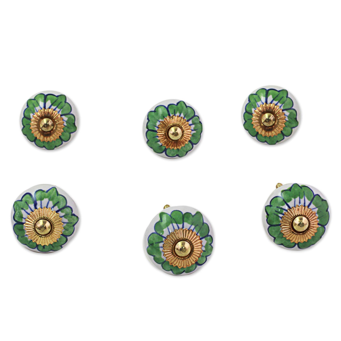 Green Flowers Ceramic Cabinet Knobs Floral Green White (Set of 6) India