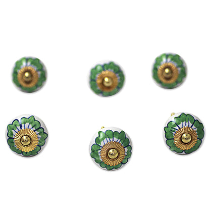 Green Flowers Ceramic Cabinet Knobs Floral Green White (Set of 6) India