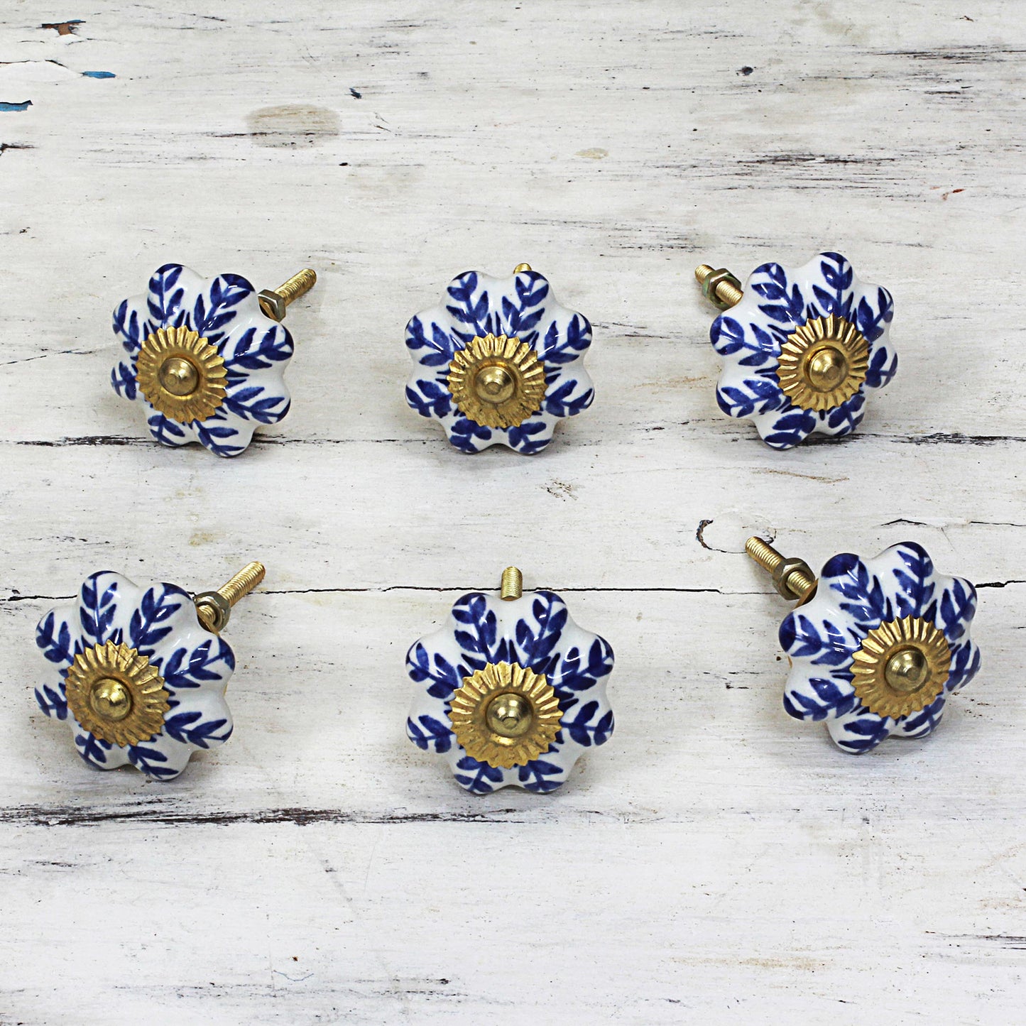 Blue Sunshine Ceramic Cabinet Knobs Floral White Blue (Set of 6) India