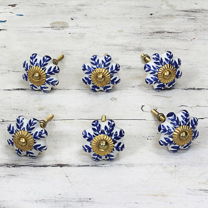 Blue Sunshine Ceramic Cabinet Knobs Floral White Blue (Set of 6) India