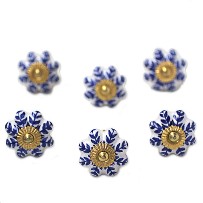 Blue Sunshine Ceramic Cabinet Knobs Floral White Blue (Set of 6) India