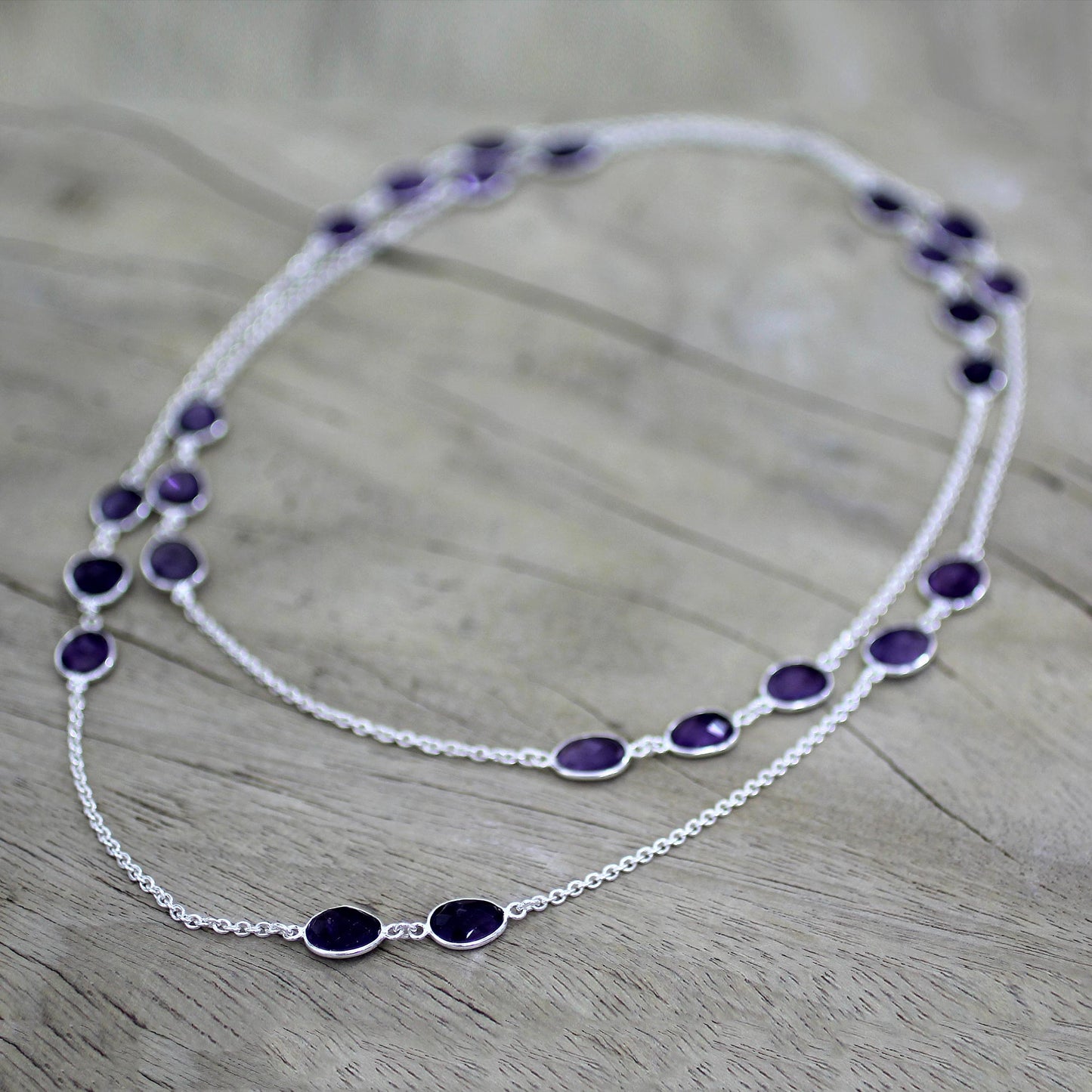 Violet Princess Amethyst Sterling Silver Long Necklace Handmade in India