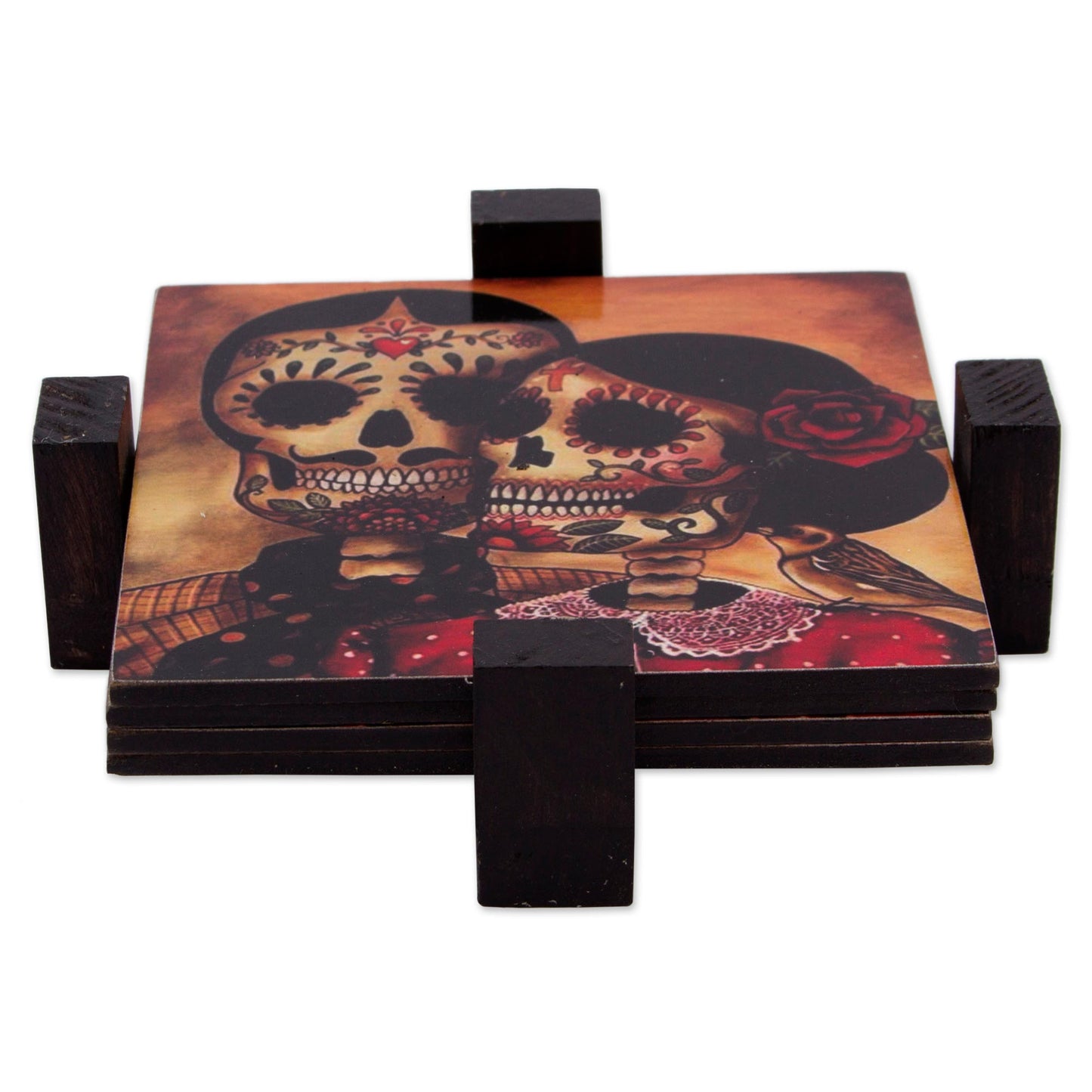 Day of the Dead Romance Set of 4 Decoupage Coasters with Day of the Dead Theme