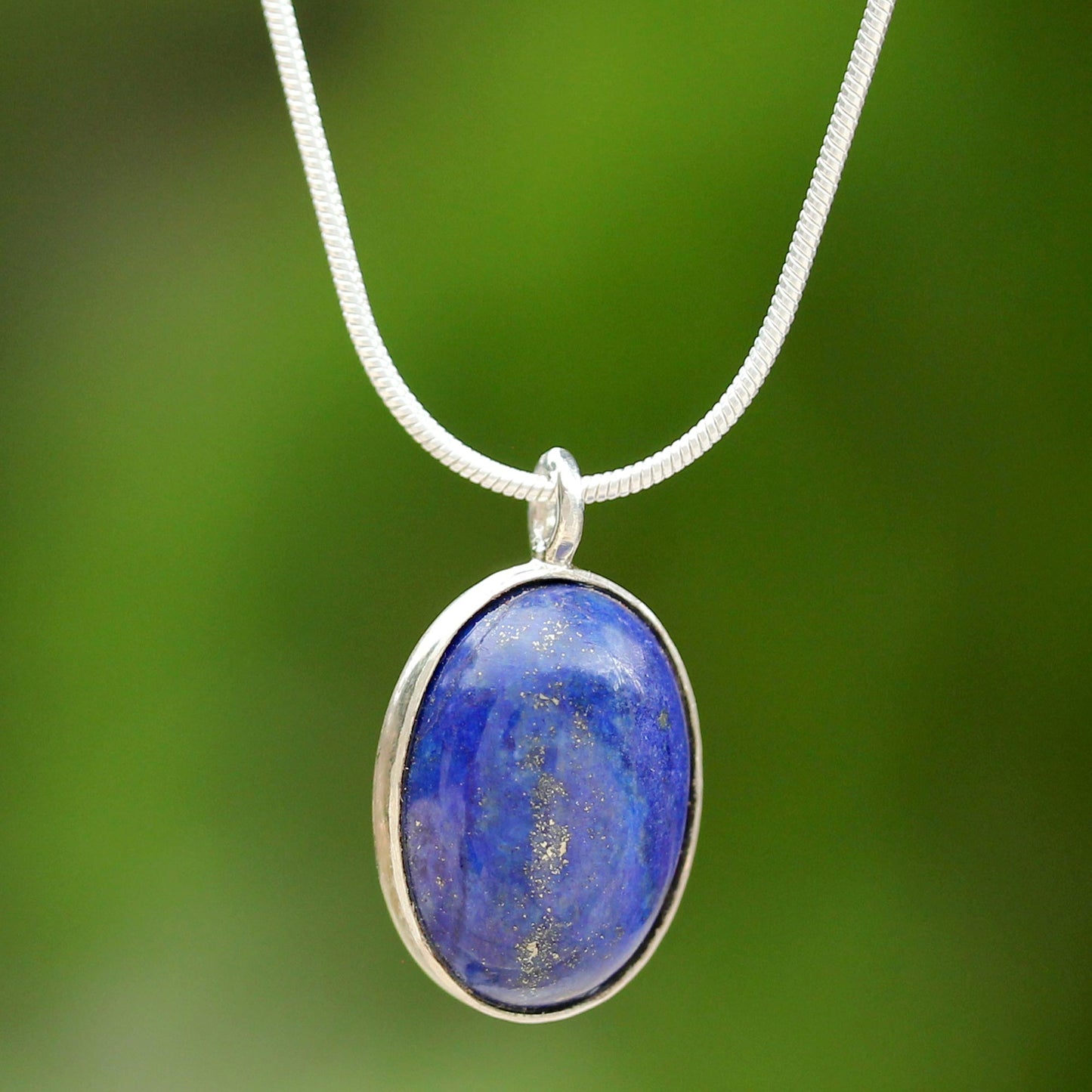 Spangled Oval Sterling Silver and Lapis Lazuli Pendant Necklace Thailand