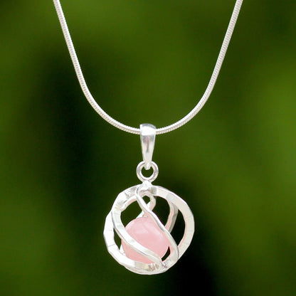 Pink Orb of Energy Quartz Silver Necklace