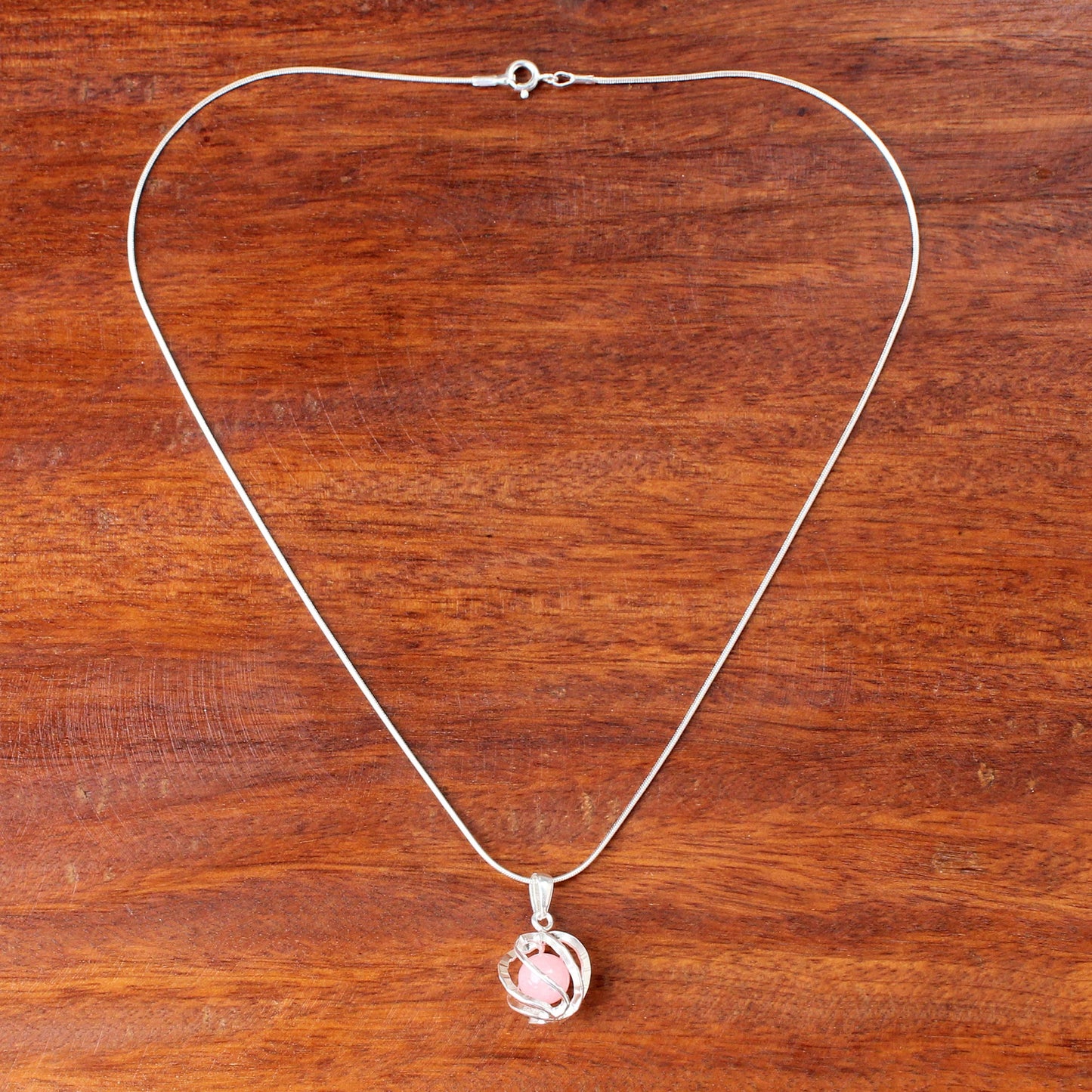 Pink Orb of Energy Quartz Silver Necklace