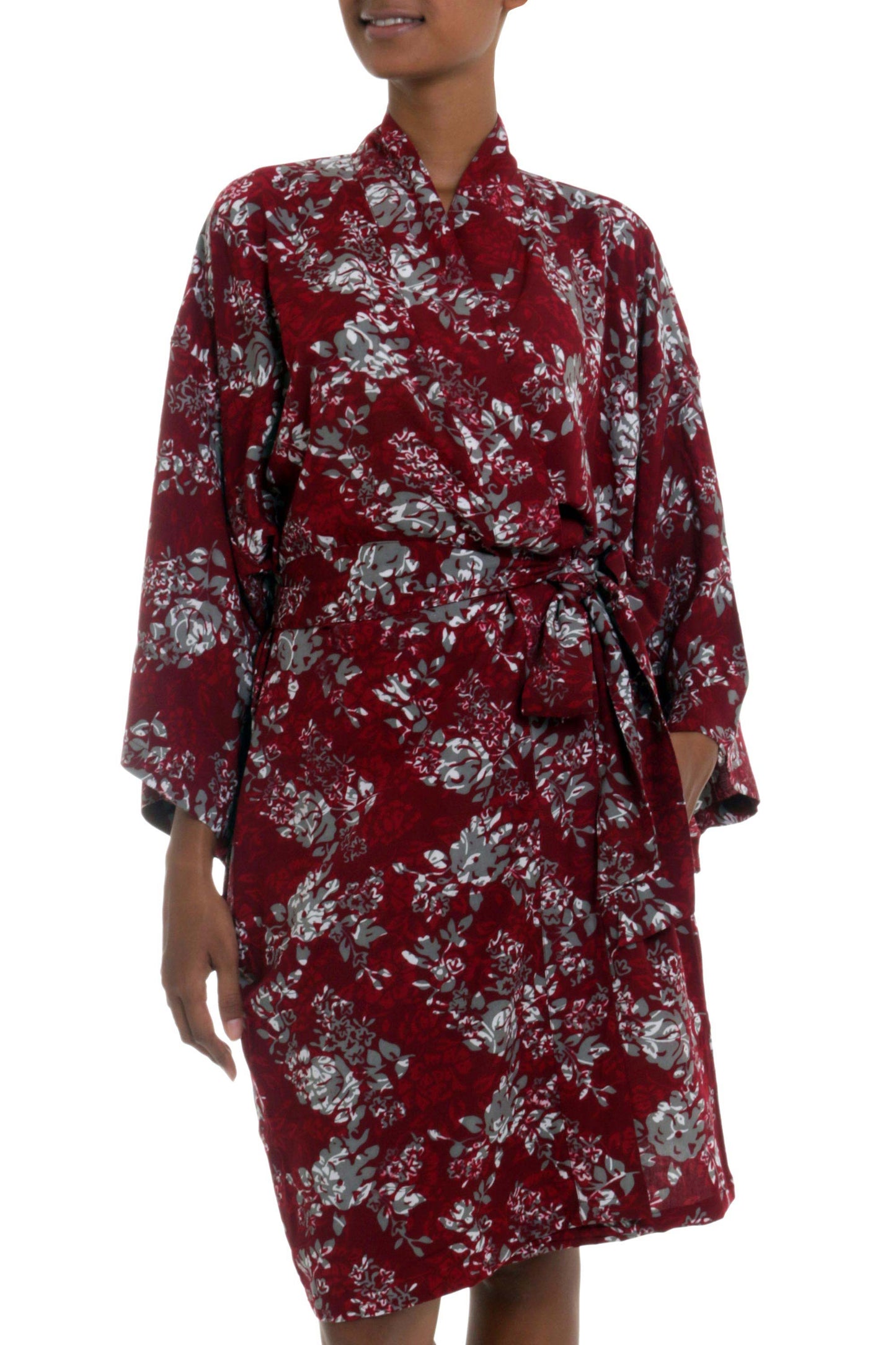 Gorgeous in Claret Grey Batik Bali Flowers on Claret Color Rayon Short Robe