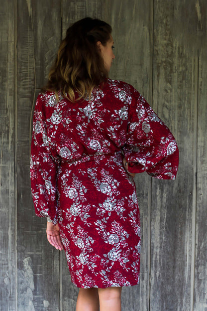 Gorgeous in Claret Grey Batik Bali Flowers on Claret Color Rayon Short Robe