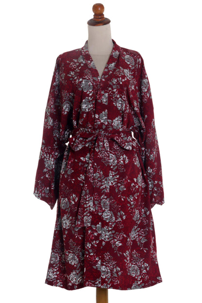 Gorgeous in Claret Grey Batik Bali Flowers on Claret Color Rayon Short Robe