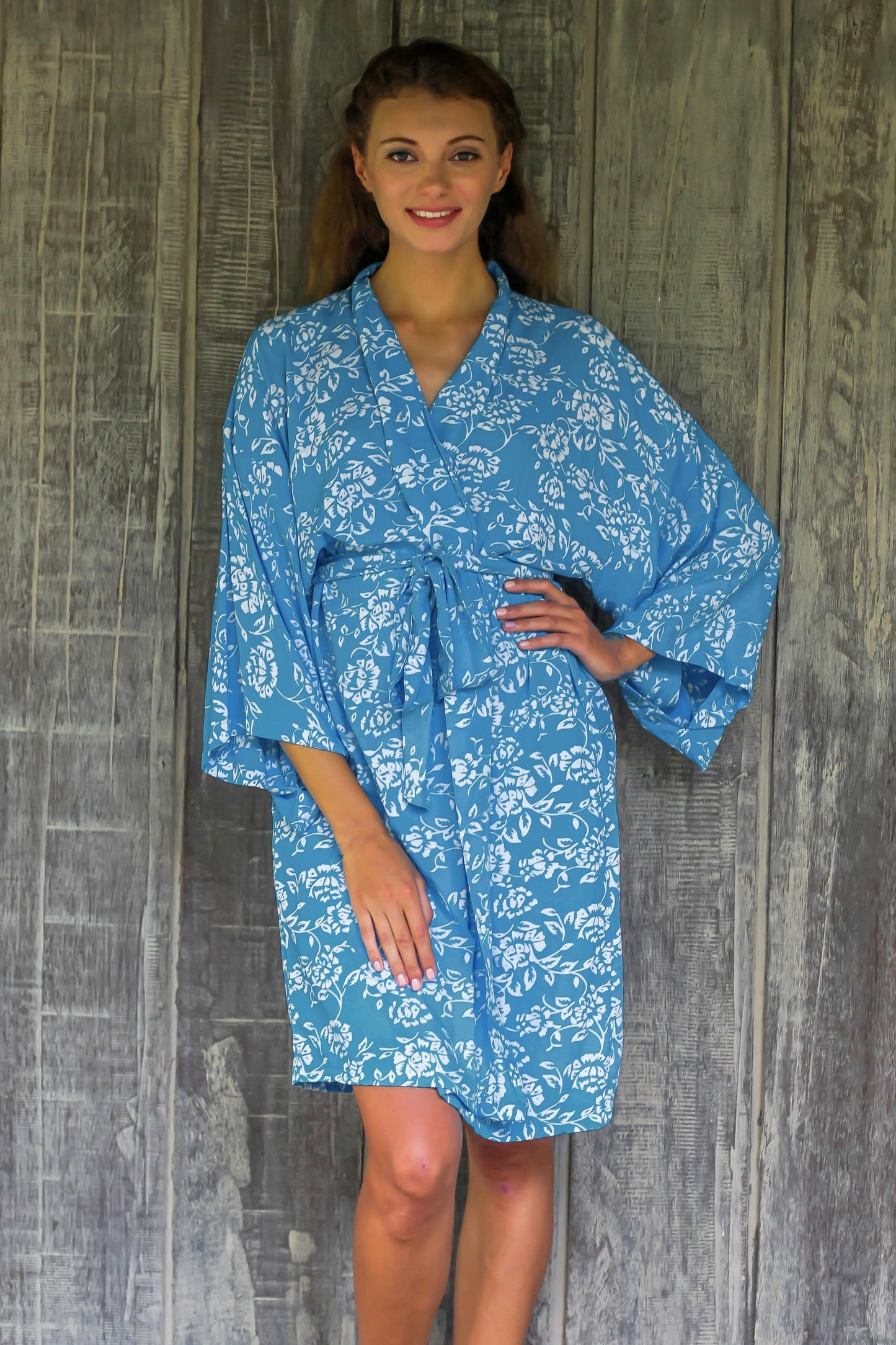 Gorgeous in Cerulean Balinese Rayon Short Cross Over Robe Blue Batik Flowers