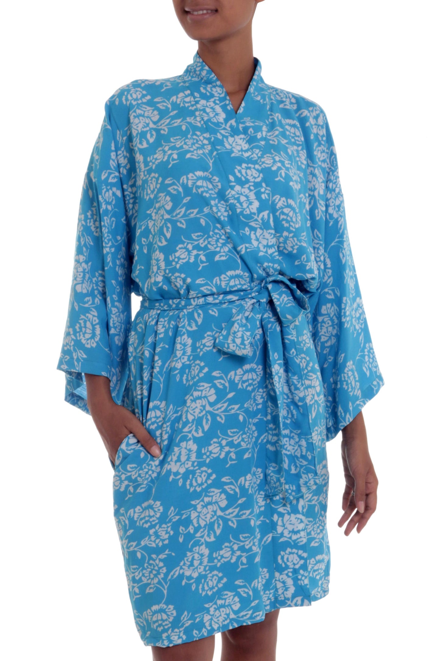 Gorgeous in Cerulean Balinese Rayon Short Cross Over Robe Blue Batik Flowers