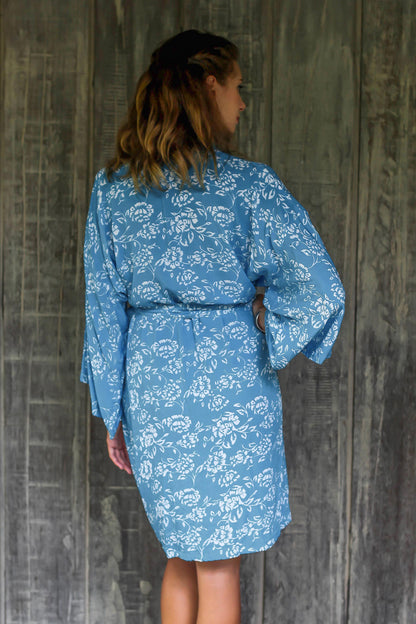 Gorgeous in Cerulean Balinese Rayon Short Cross Over Robe Blue Batik Flowers