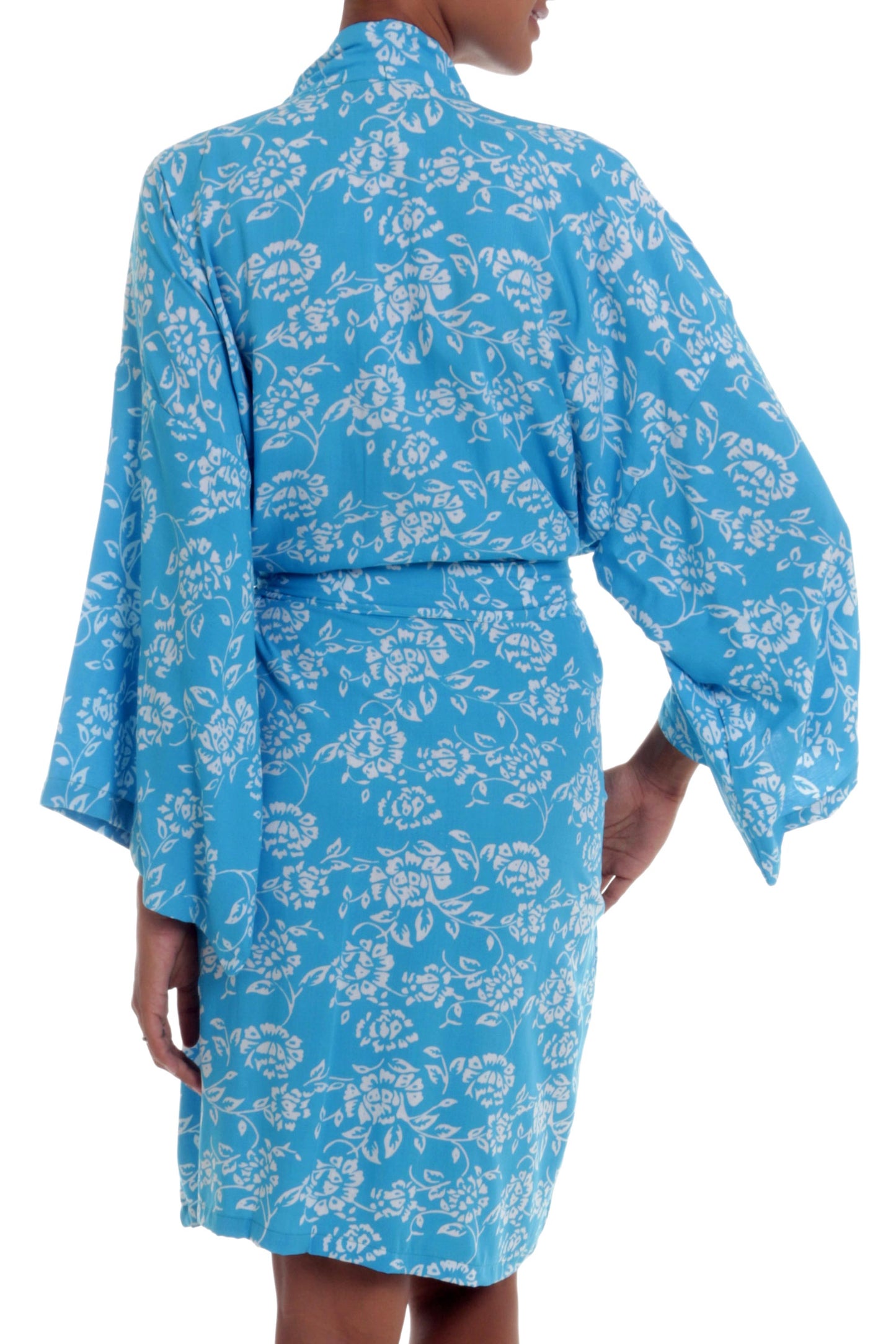 Gorgeous in Cerulean Balinese Rayon Short Cross Over Robe Blue Batik Flowers