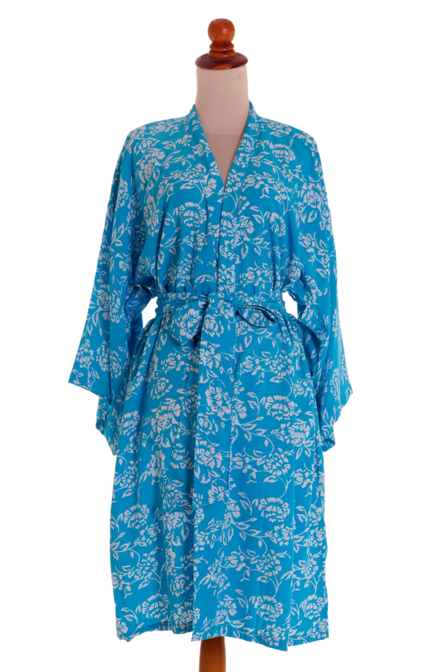 Gorgeous in Cerulean Balinese Rayon Short Cross Over Robe Blue Batik Flowers